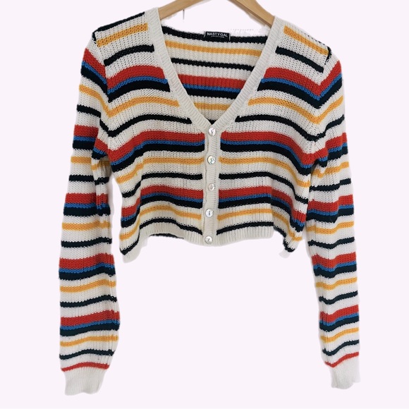 Nasty Gal I'll be Just Line Striped Cropped Cardigan Sweater Size Small - Picture 4 of 6